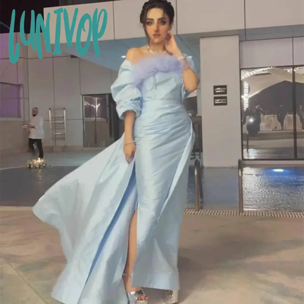 Lunivop Off the Shoulder Prom Party Gowns Pleats Strapless Evening Dress with Feathers Sexy Mermaid Ankle-Length Arab 2024 for Women Tunics Office stylish Lunivop Off the Shoulder Prom Party Gowns Pleats Strapless Evening Dress with Feathers Sexy Mermaid Ankle-Length Arab 2024 for Women Tunics Office stylish