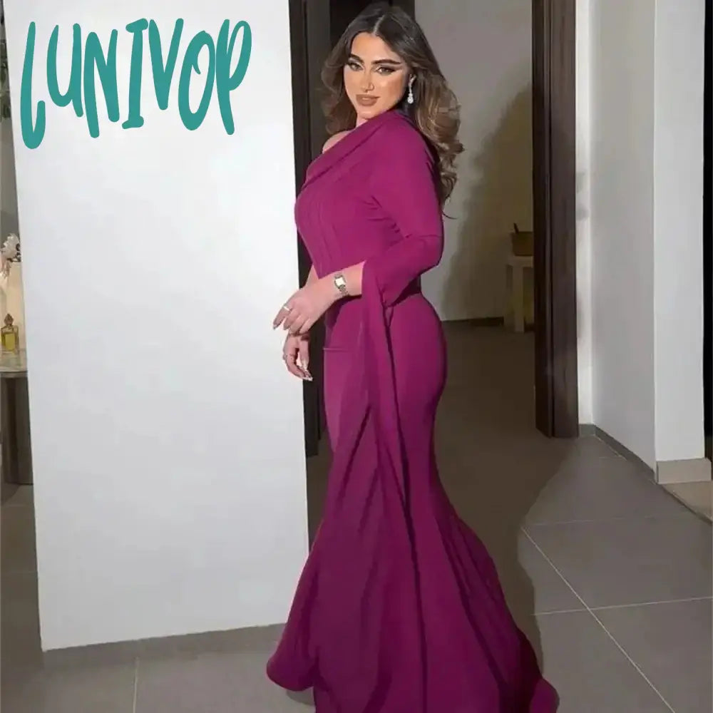 Lunivop Purple One Shoulder Sexy Mermaid Evening Dresses Floor-Length Long Sleeve Prom Gowns with Court Saudi Arab 2024 for Women Tunics Solid Classic Lunivop Purple One Shoulder Sexy Mermaid Evening Dresses Floor-Length Long Sleeve Prom Gowns with Court Saudi Arab 2024 for Women Tunics Solid Classic