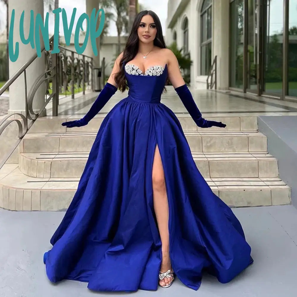 Lunivop Sexy Strapless Prom Dresses A-Line Blue Princess Evening Dresses with the Gloves Split Dancing Party Gown Dress Tunics Lace romantic Lunivop Sexy Strapless Prom Dresses A-Line Blue Princess Evening Dresses with the Gloves Split Dancing Party Gown Dress Tunics Lace romantic