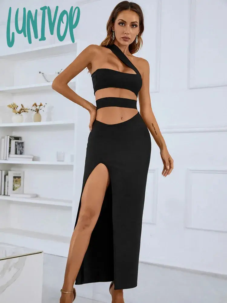 Lunivop Solid Women Summer Sexy One Shoulder Hollow Out Black Split Mid-Caf Bodycon Bandage Dress Elegant Evening Club Party Dress Tunics Custom made Lunivop Solid Women Summer Sexy One Shoulder Hollow Out Black Split Mid-Caf Bodycon Bandage Dress Elegant Evening Club Party Dress Tunics Custom made