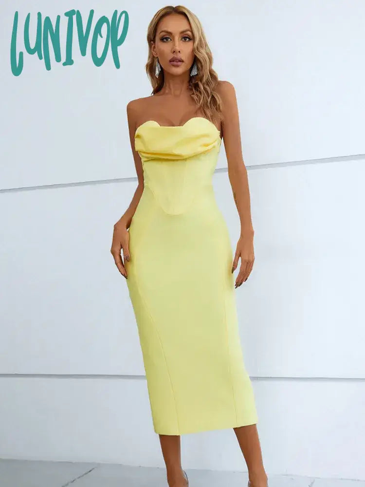 Lunivop Summer Fashion Women Sexy Strapless Backless Ruffles Yellow Midi Bandage Dress Elegant Evening Club Party Dress Tunics Bridal satin Lunivop Summer Fashion Women Sexy Strapless Backless Ruffles Yellow Midi Bandage Dress Elegant Evening Club Party Dress Tunics Bridal satin