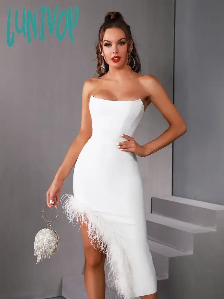 Lunivop Summer Sexy Strapless Backless Black White Hot Pink Feather Women Bodycon Bandage Dress  Elegant Evening Club Party Dress Tunics Sale discount