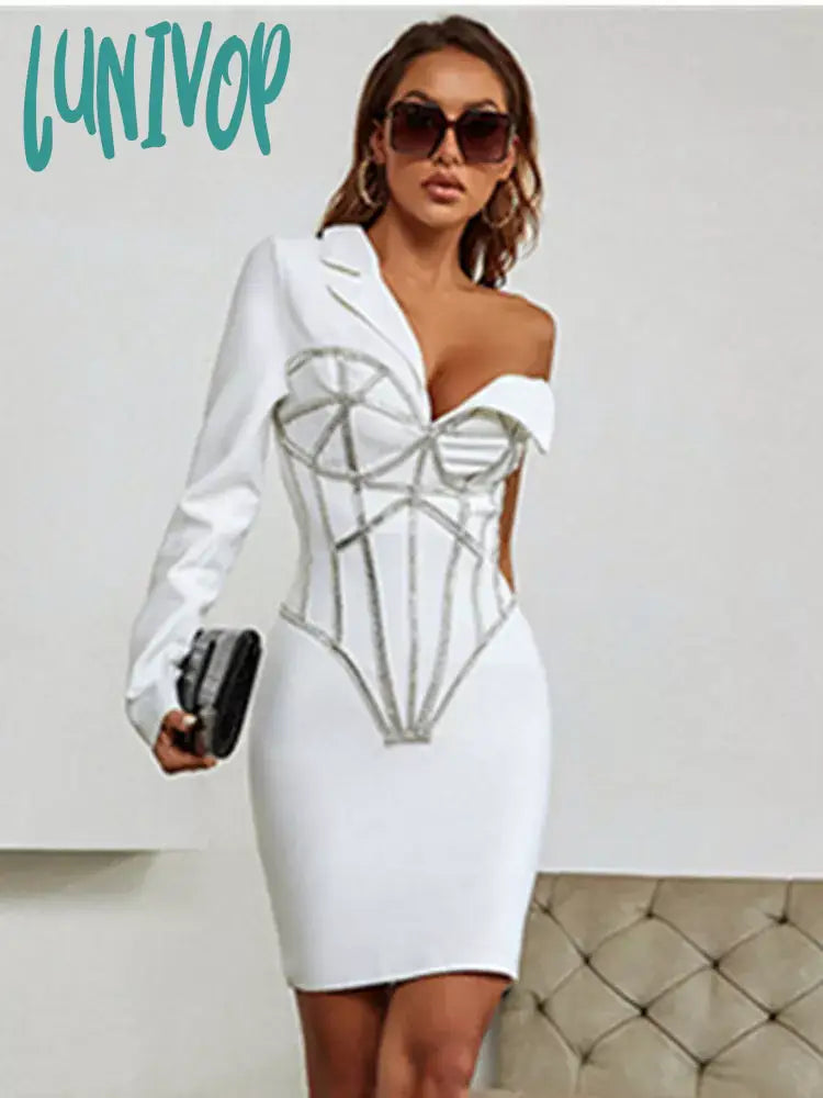 Lunivop Winter Sexy Long Sleeve Single Beading Sparkly White Mini Women Bodycon Bandage Dress Elegant Evening Party Dress Vestido Tunics Occasion special