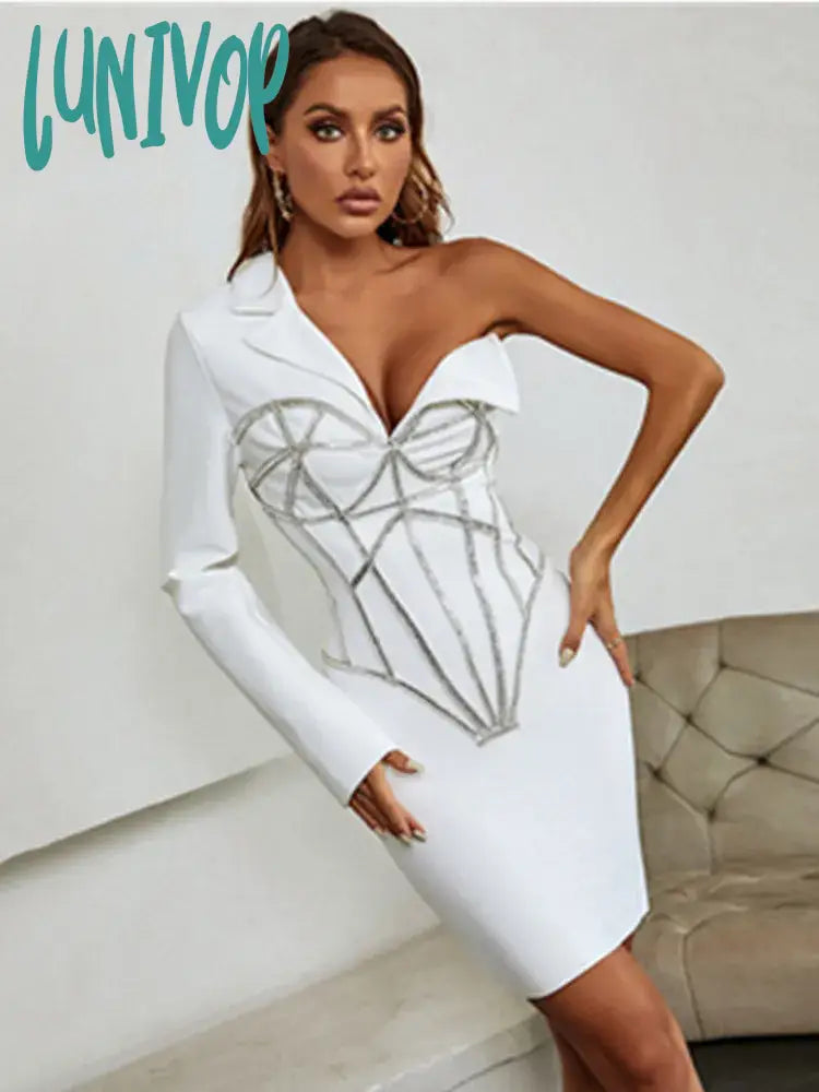 Lunivop Winter Sexy Long Sleeve Single Beading Sparkly White Mini Women Bodycon Bandage Dress Elegant Evening Party Dress Vestido Tunics Designer luxury Lunivop Winter Sexy Long Sleeve Single Beading Sparkly White Mini Women Bodycon Bandage Dress Elegant Evening Party Dress Vestido Tunics Designer luxury
