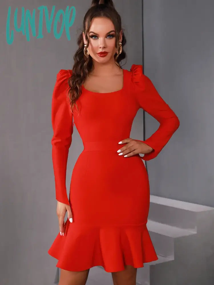 Lunivop Winter Sexy Long Sleeve Square Collar Black Red Mini Women Bodycon Bandage Dress Elegant Evening Club Party Dress Peplum Ruffle Cocktail Lunivop Winter Sexy Long Sleeve Square Collar Black Red Mini Women Bodycon Bandage Dress Elegant Evening Club Party Dress Peplum Ruffle Cocktail