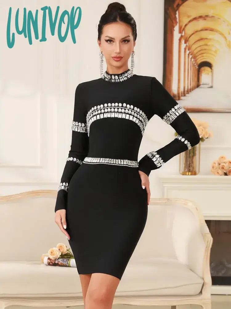 Lunivop Winter Women Celebrity Sexy Long Sleeve Diamonds Beading Black Mini Bandage Dress 2024 Knitted Elegant Evening Club Party Dress Tunics Wedding white Lunivop Winter Women Celebrity Sexy Long Sleeve Diamonds Beading Black Mini Bandage Dress 2024 Knitted Elegant Evening Club Party Dress Tunics Wedding white