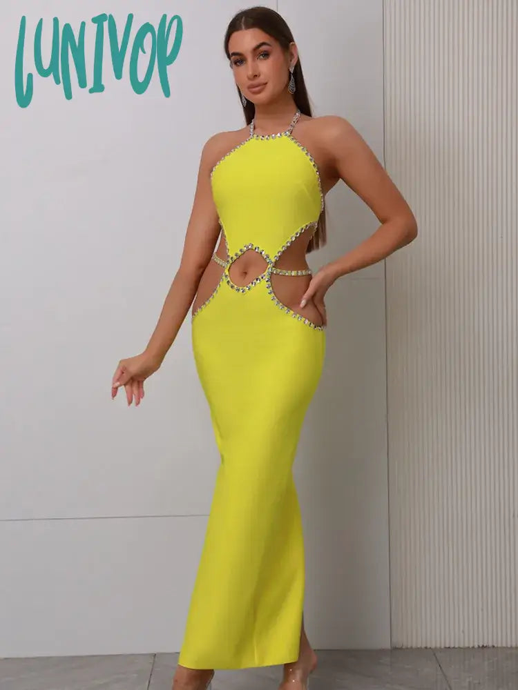 Lunivop Women Celebrity Sexy Backless Halter Beading Maxi Long Lemon Yellow Bandage Dress Elegant Evening Club Party Dress Tunics Trendy modern Lunivop Women Celebrity Sexy Backless Halter Beading Maxi Long Lemon Yellow Bandage Dress Elegant Evening Club Party Dress Tunics Trendy modern