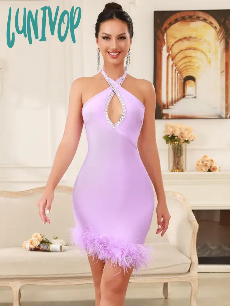 Lunivop Women Celebrity Sexy Backless Halter Purple Black White Feather Mini Bandage Dress 2024 Knitted Elegant Evening Club Party Dress Tunics Stylish modern Lunivop Women Celebrity Sexy Backless Halter Purple Black White Feather Mini Bandage Dress 2024 Knitted Elegant Evening Club Party Dress Tunics Stylish modern