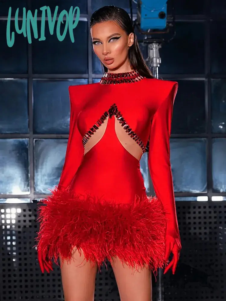 Lunivop Women Celebrity Sexy Long Sleeve Feather Beading Cut Out Red Mini Bodycon Bandage Dress Elegant Evening Club Party Dress Tunics Prom sequined