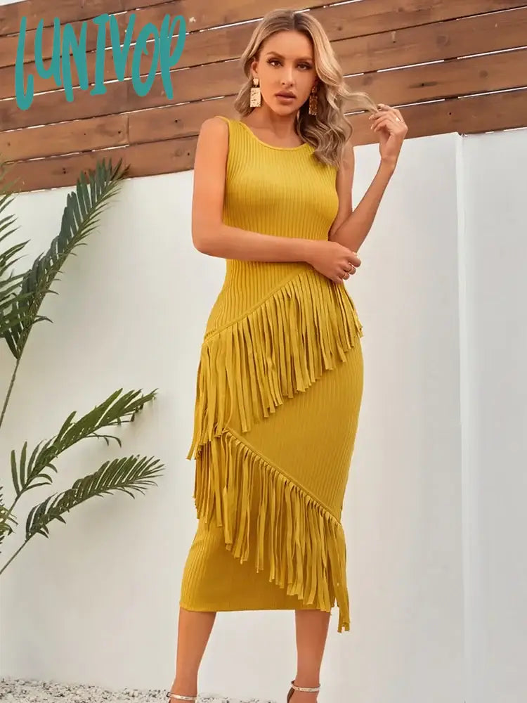 Lunivop Women Celebrity Sexy O Neck Tassel Ginger Yellow Midi Bodycon Bandage Dress Elegant Evening Club Party Dress Tunics Ceremony elegant Lunivop Women Celebrity Sexy O Neck Tassel Ginger Yellow Midi Bodycon Bandage Dress Elegant Evening Club Party Dress Tunics Ceremony elegant