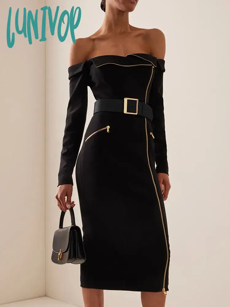 Lunivop Women Celebrity Sexy Off Shoulder Zipper Long Sleeve Black Belt Midi Bodycon Bandage Dress Elegant Evening Club Party Dress Tunics Trousers formal Lunivop Women Celebrity Sexy Off Shoulder Zipper Long Sleeve Black Belt Midi Bodycon Bandage Dress Elegant Evening Club Party Dress Tunics Trousers formal