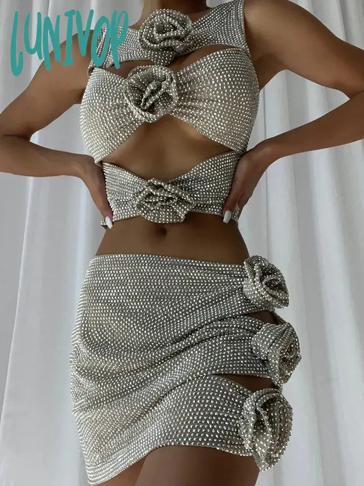 Lunivop Women Luxury Sexy O Neck Flower Diamonds Cut Out Silver Gold Pink Mini Skirt Set Knitted Elegant Evening Club Party Dress empire Waist empire Lunivop Women Luxury Sexy O Neck Flower Diamonds Cut Out Silver Gold Pink Mini Skirt Set Knitted Elegant Evening Club Party Dress empire Waist empire