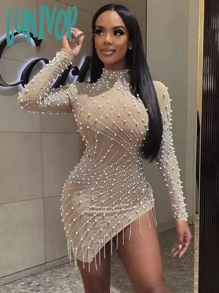 Lunivop Women Luxury Sexy Turtleneck Mesh Diamonds Crystal Tassel Beading Studded Beige Mini Dress Elegant Evening Club Party Dress Tunics Bestseller popular Lunivop Women Luxury Sexy Turtleneck Mesh Diamonds Crystal Tassel Beading Studded Beige Mini Dress Elegant Evening Club Party Dress Tunics Bestseller popular