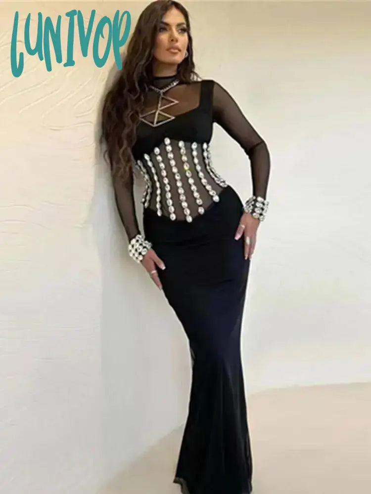 Lunivop Women Sexy Long Sleeve Mesh Beading Black Maxi Long GownsBodycon Bandage Dress Elegant Evening Club Party Dress Tunics Velvet soft Lunivop Women Sexy Long Sleeve Mesh Beading Black Maxi Long GownsBodycon Bandage Dress Elegant Evening Club Party Dress Tunics Velvet soft