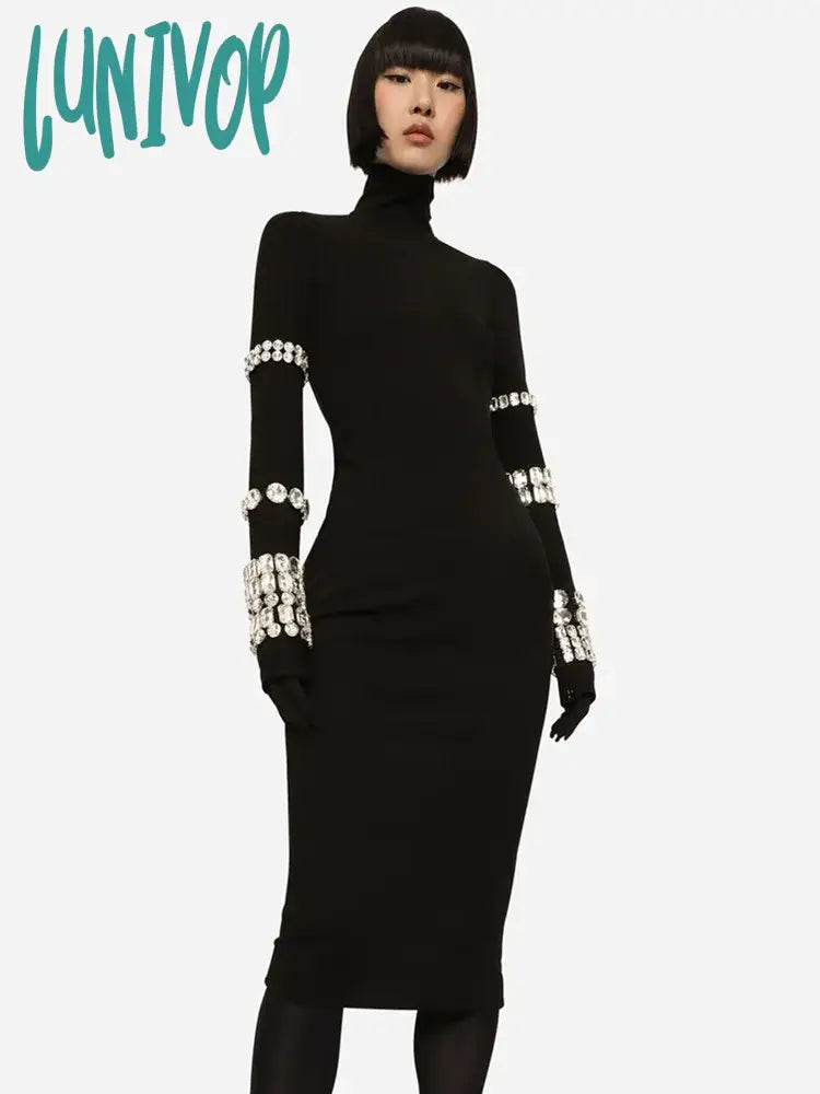 Lunivop Women Sexy Long Sleeve Turtlneck Beading Black Midi Bodycon Bandage Dress 2024 Elegant Evening Club Party Dress Tunics Hiking breathable Lunivop Women Sexy Long Sleeve Turtlneck Beading Black Midi Bodycon Bandage Dress 2024 Elegant Evening Club Party Dress Tunics Hiking breathable