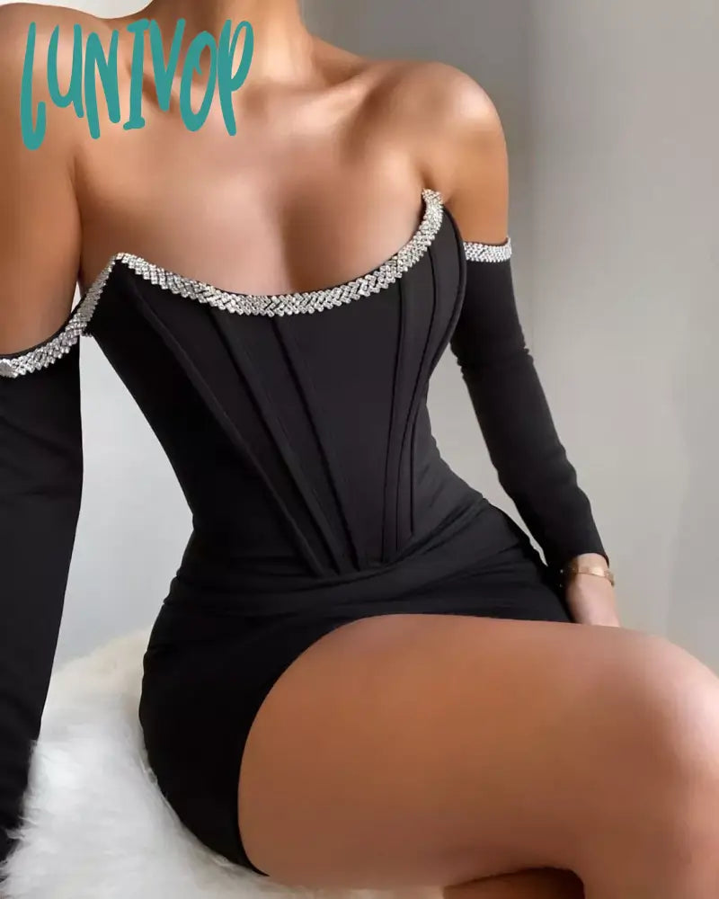 Lunivop Women Spring Sexy Off Shoulder Crystal Diamonds White Black Bodycon Corset Bandage Dress Elegant Evening Party Dress Tunics Custom made