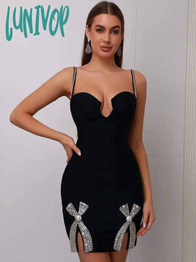 Lunivop Women Summer Celebrity Sexy V Neck Beading Black Mini Bodycon Bandage Dress Knitted Elegant Evening Club Party Dress Halter Neckline Beach Lunivop Women Summer Celebrity Sexy V Neck Beading Black Mini Bodycon Bandage Dress Knitted Elegant Evening Club Party Dress Halter Neckline Beach
