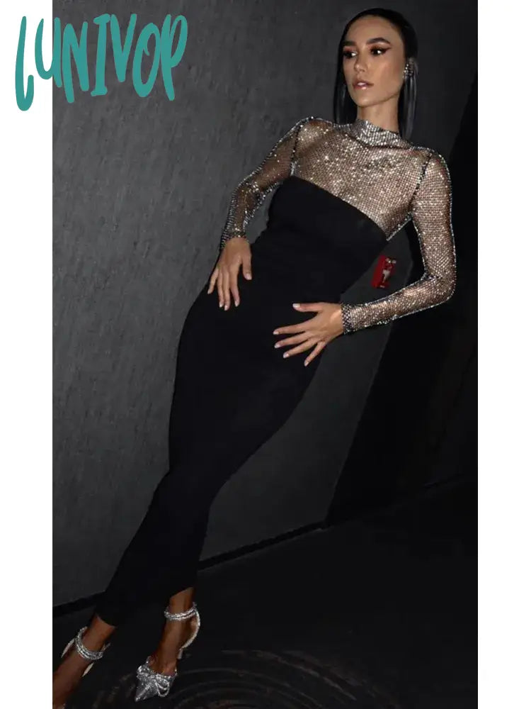 Lunivop Women Summer Chic Sexy Long Sleeve Crystal Diamonds Black Midi Bodycon Bandage Dress Elegant Evening Club Party Dress Tunics Office stylish