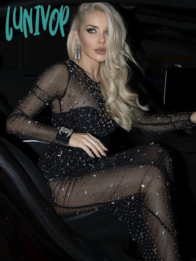 Lunivop Women Summer Fashion Sexy Long Sleeve Tranparent Black Sparkly Mesh Maxi Long Dress Elegant Evening Club Party Dress Tunics Fleece cozy Lunivop Women Summer Fashion Sexy Long Sleeve Tranparent Black Sparkly Mesh Maxi Long Dress Elegant Evening Club Party Dress Tunics Fleece cozy