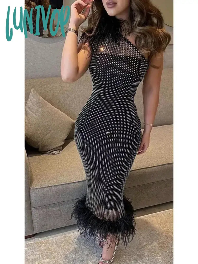 Lunivop Women Summer Fashion Sexy One Shoulder Feather Cystal Diamonds Black Midi Bandage Dress Elegant Evening Club Party Dress Tunics Bridal satin