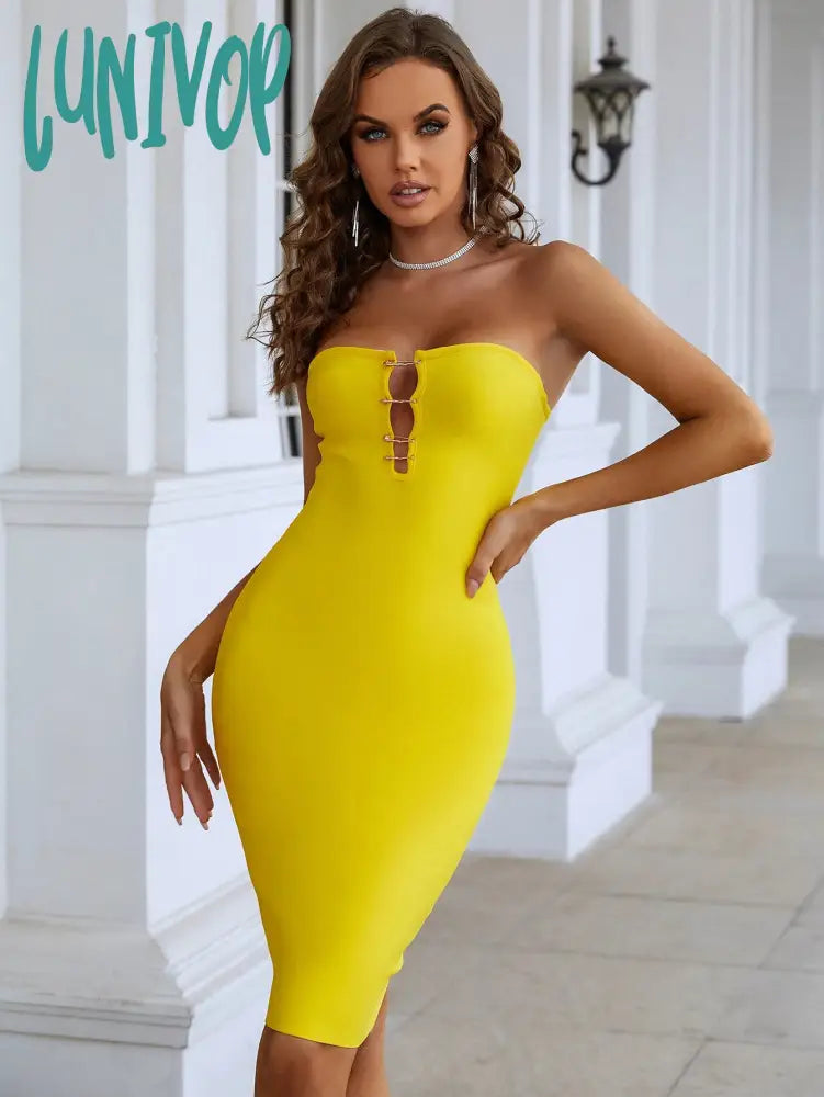 Lunivop Women Summer Fashion Sexy Strapless Backless Pin Yellow Mini Bodycon Bandage Dress 2024 Elegant Evening Club Party Dress Tunics Velvet soft Lunivop Women Summer Fashion Sexy Strapless Backless Pin Yellow Mini Bodycon Bandage Dress 2024 Elegant Evening Club Party Dress Tunics Velvet soft
