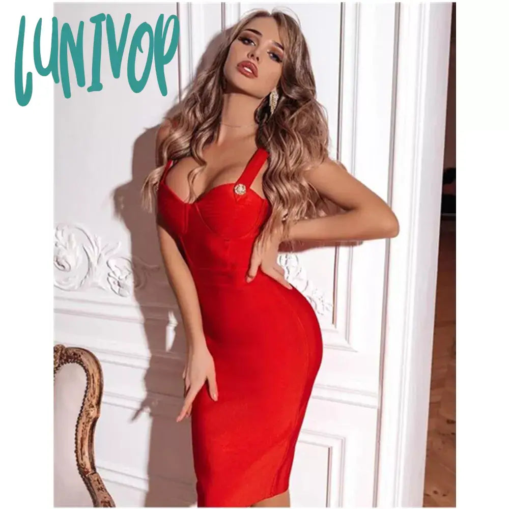 Lunivop Women Summer Fashion Sexy V Neck Backless Button Red Black White Bodycon Bandage Dress Evening Party Dress Vestido Tunics Travel practical