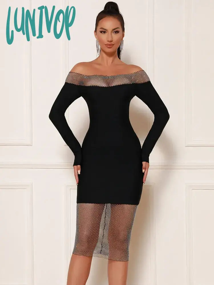 Lunivop Women Summer Sexy Off Shoulder Long Sleeve Black Dimaonds Bodycon Midi Bandage Dress Elegant Evening Celebrity Party Dress Tunics Running lightweight Lunivop Women Summer Sexy Off Shoulder Long Sleeve Black Dimaonds Bodycon Midi Bandage Dress Elegant Evening Celebrity Party Dress Tunics Running lightweight