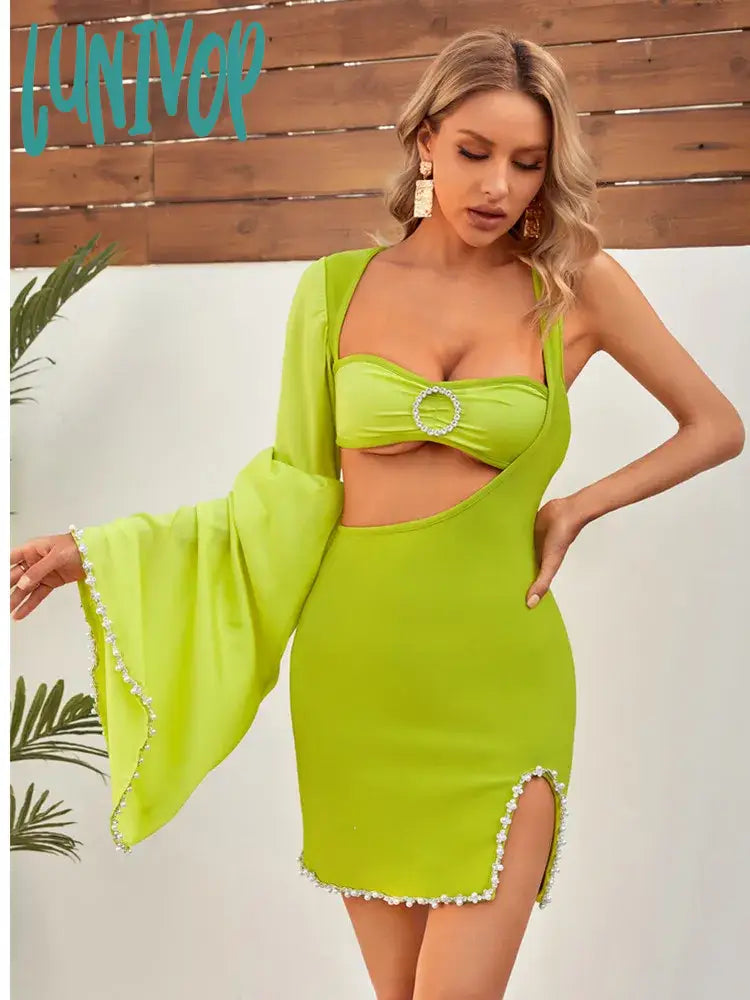 Lunivop Women Summer Sexy Single Sleeve Cut Out Beading Green Mini Bodycon Bandage Dress Elegant Evening Club Party Dress A-Line Day Work Lunivop Women Summer Sexy Single Sleeve Cut Out Beading Green Mini Bodycon Bandage Dress Elegant Evening Club Party Dress A-Line Day Work