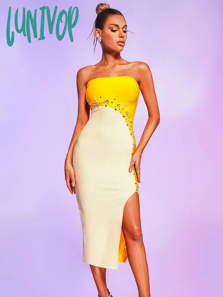 Lunivop Women Summer Sexy Strapless Backless Studded Beading Midi Bodycon Bandage Dress Elegant Evening Club Party Dress Tunics Corduroy durable Lunivop Women Summer Sexy Strapless Backless Studded Beading Midi Bodycon Bandage Dress Elegant Evening Club Party Dress Tunics Corduroy durable
