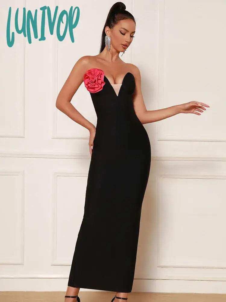Lunivop Women Summer Sexy Strapless Mesh Flower Pacthwork Black Maxi Long Bandage Dress Elegant Evening Celebrity Party Dress Tunics Satin smooth Lunivop Women Summer Sexy Strapless Mesh Flower Pacthwork Black Maxi Long Bandage Dress Elegant Evening Celebrity Party Dress Tunics Satin smooth