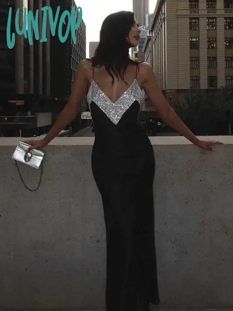 Lunivop Women Summer Sexy V Neck Backless Crystal Black Diamonds Maxi Long Bandage Dress Knitted Elegant Evening Club Party Dress Tunics Handmade artisanal