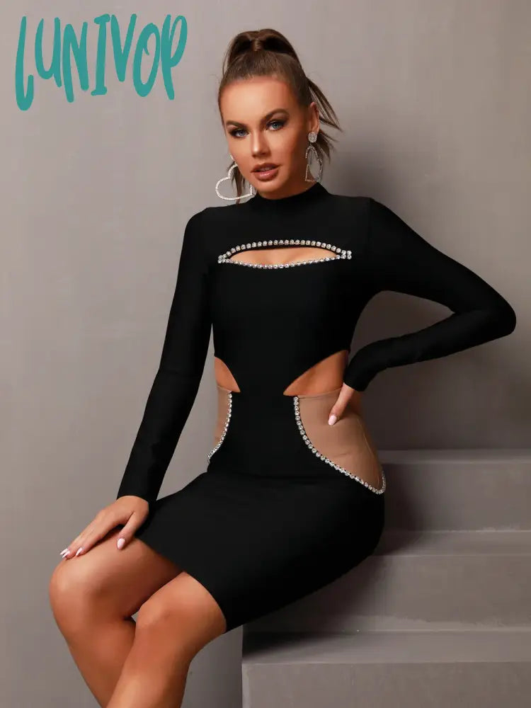 Lunivop Women Winter Sexy Long Sleeve Cut Out Beading Patchwork Black Mini Bodycon Bandage Dress Elegant Evening Club Party Dress Tunics Chic fashionable