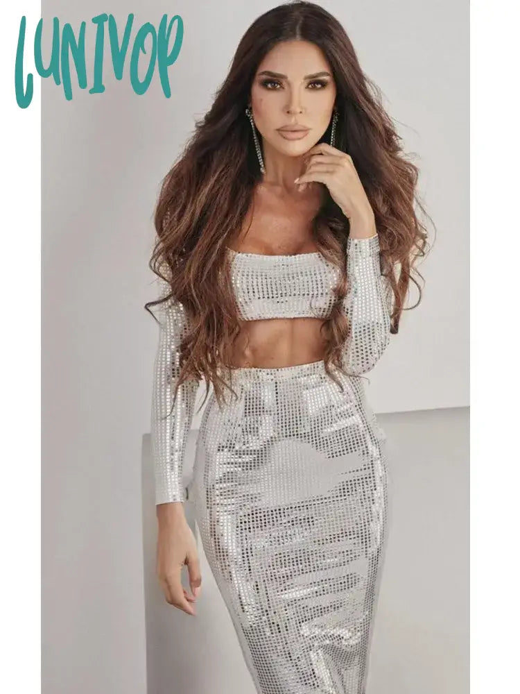 Lunivop Women Winter Sexy O Neck Long Sleeve Studded Sparkly Black White Mixi Skirt Set 2024 Knitted Elegant Evening Club Party Dress Satin Halter Glamorous Lunivop Women Winter Sexy O Neck Long Sleeve Studded Sparkly Black White Mixi Skirt Set 2024 Knitted Elegant Evening Club Party Dress Satin Halter Glamorous