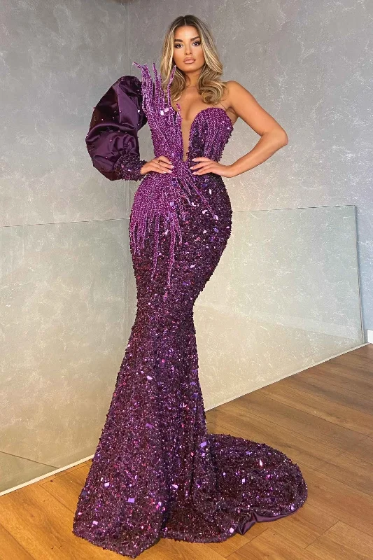 One Shoulder Embellished Violet Evening Dress Tunics Evening elegant
