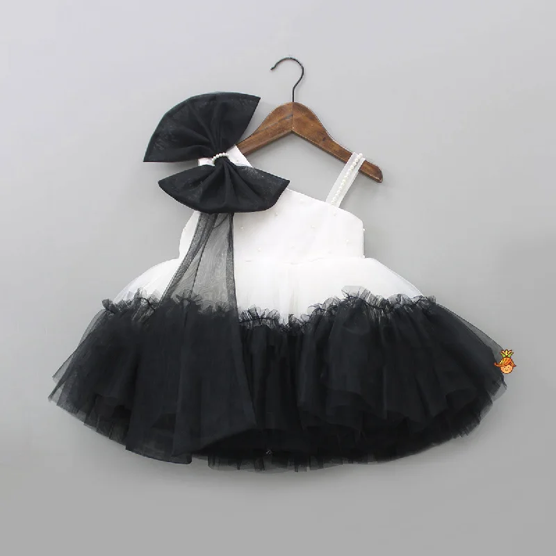 Pre Order: Classic Pearls Embellished Black And White Bowie Party Dress Tunics Designer luxury