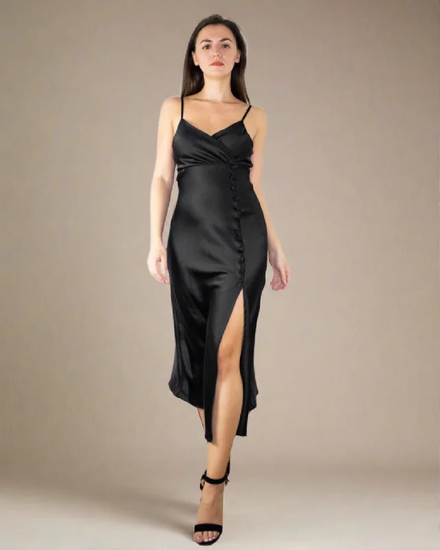 Rae Midi Black Evening Dress with Slit Tunics Fashionable trendy