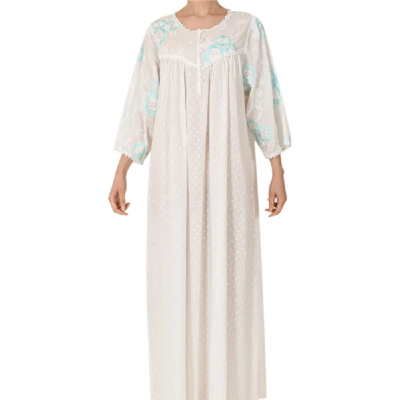Sally Poppy Night Dress Cotton Ivory/Turqouise Pleated Skirt Elegant