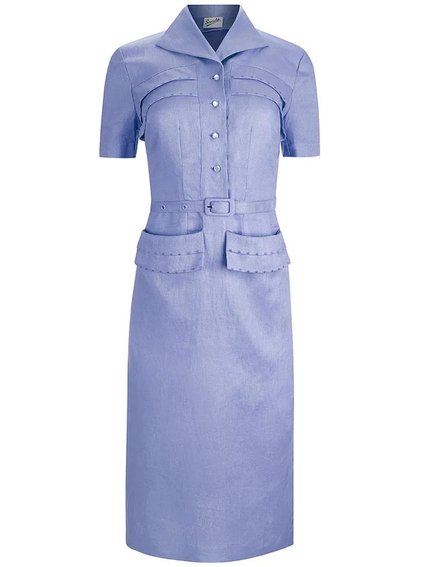 1940s Vintage Spirit Linen Dress in Cornflower Blue