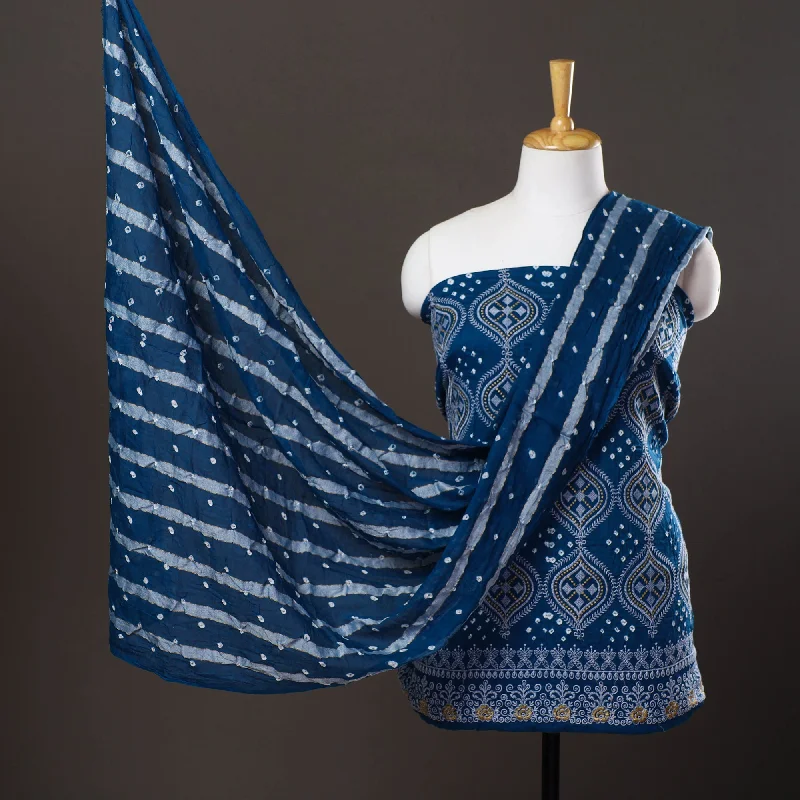 Blue - 3pc Satin Cotton Kutch Bandhani Dress Material 13