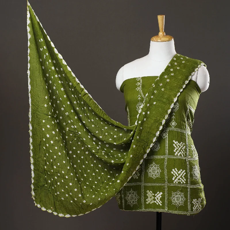 Green - 3pc Satin Cotton Kutch Bandhani Dress Material 22