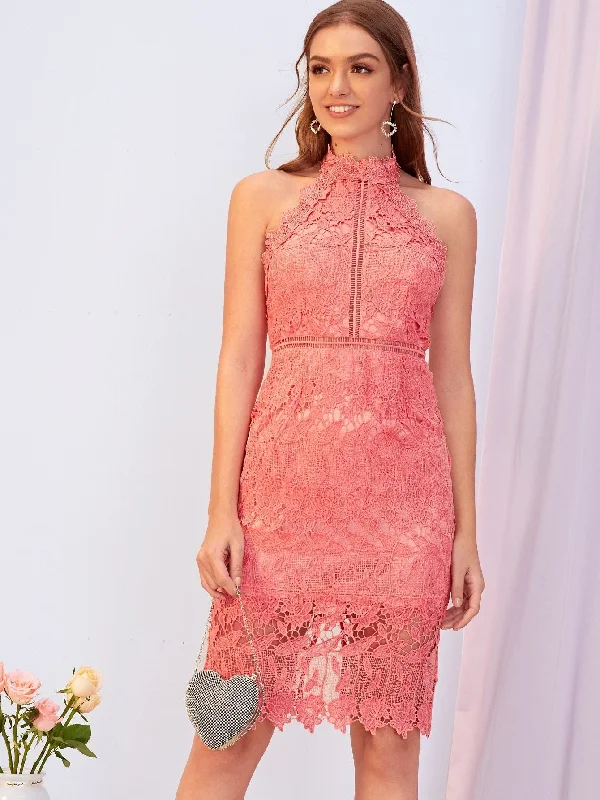 Backless Split Hem Guipure Lace Pencil Dress