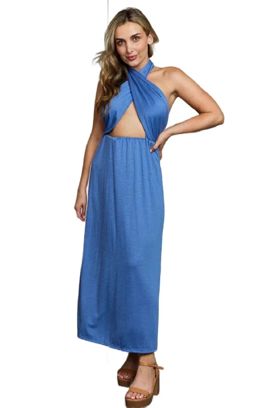 Blue Criss Cross Halter Dress