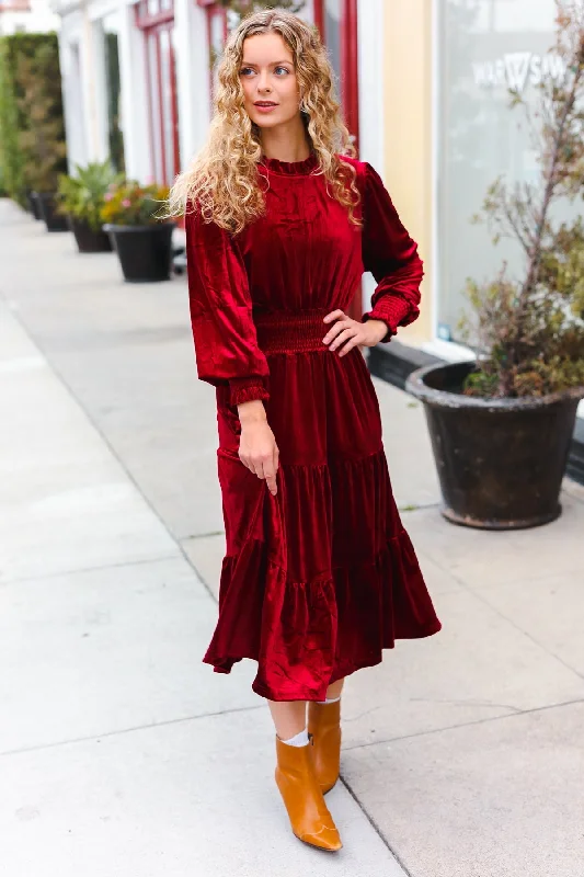 Holiday Dreaming Burgundy Velvet Mock Neck Smocked Waist Dress (Open Pack)
