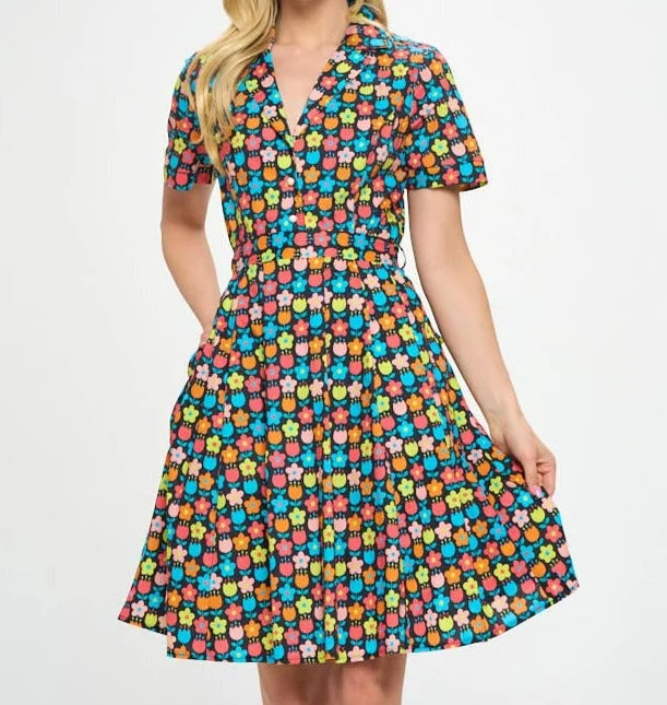 Retro Flower Print Fit & Flare Cotton Dress