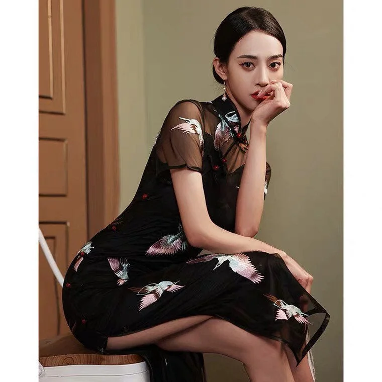Modern Chinese Qipao, Chinese Cheongsam Dress, Evening Dresses, Lace dress, mandarin collar, Crane pattern