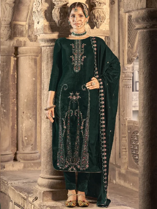 Green Velvet Embroidered Dress Material