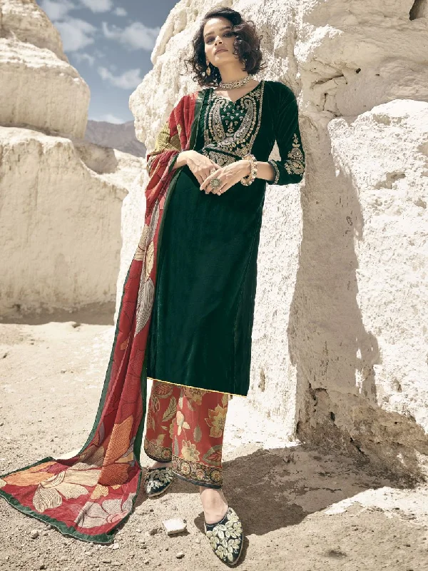 Green Velvet Embroidered Dress Material