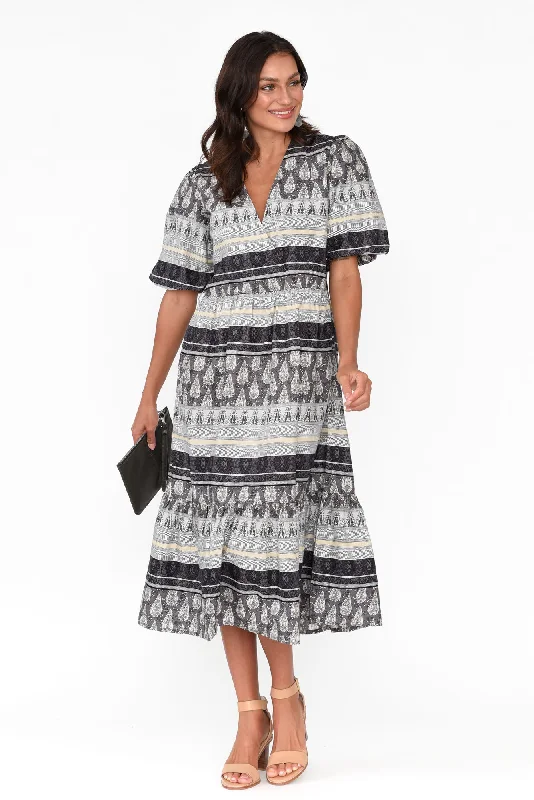 Mai Black Geo Cotton Tie Dress