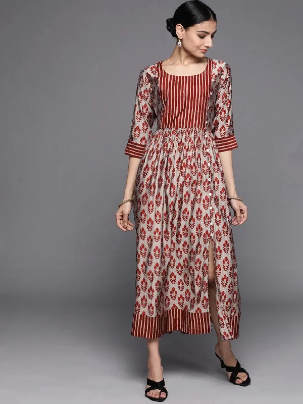 Maroon Printed Silk Dress