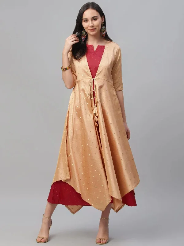 Maroon Self Design Chanderi Dress With Shrug